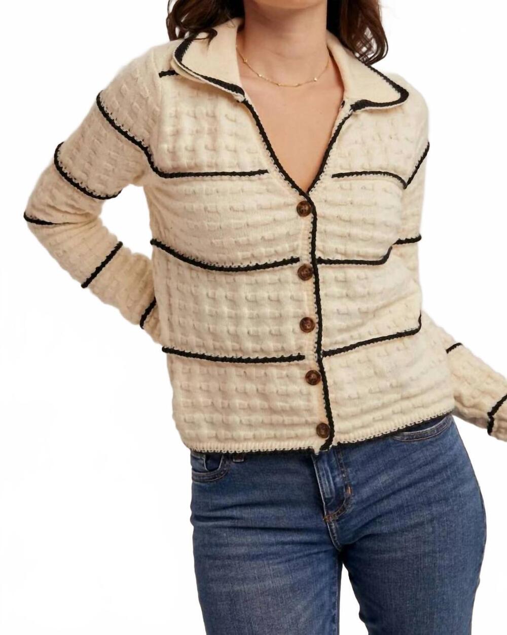 NEW HEM & THREAD texture knit collared stripe cardigan in beige